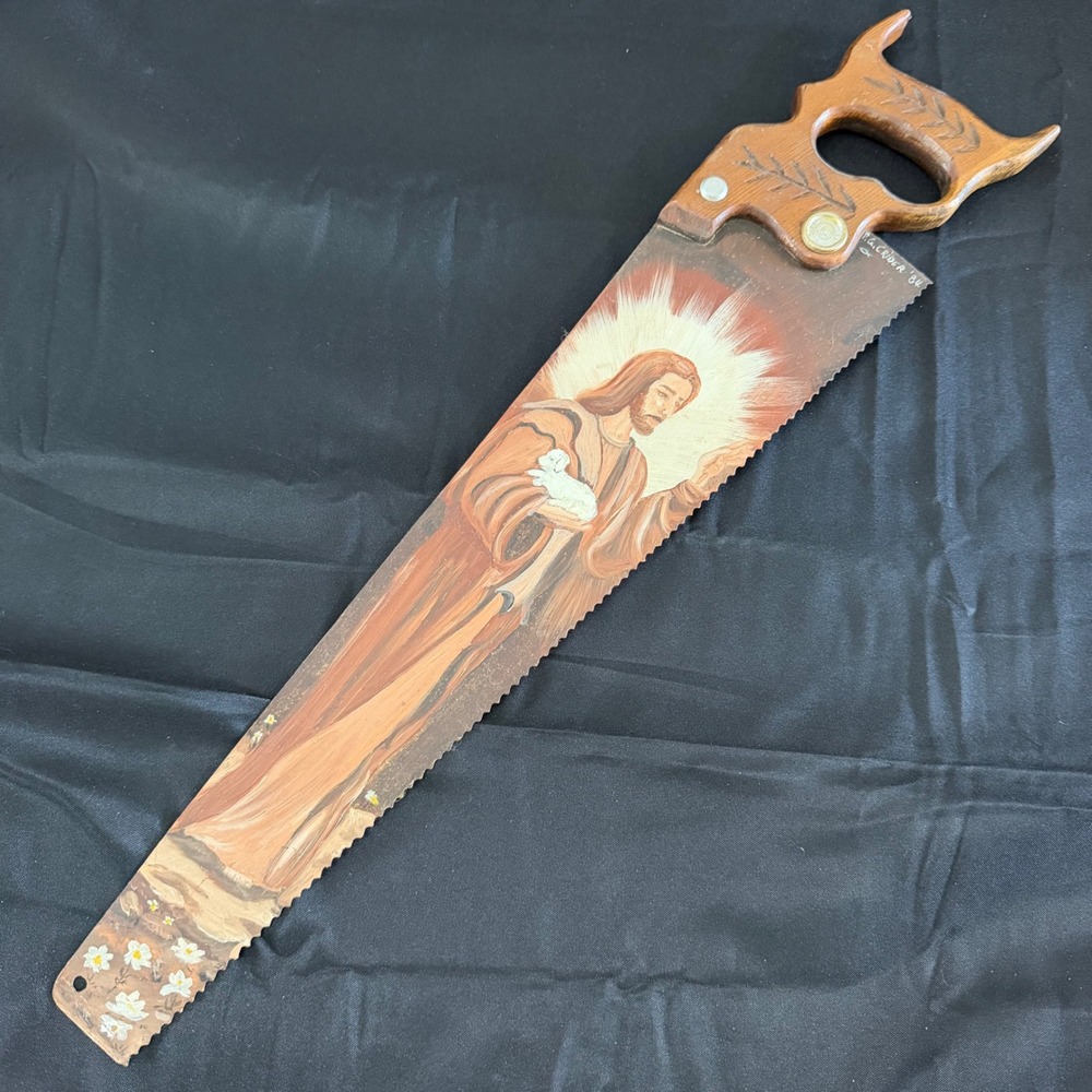 Vintage 1984 Signed P.G. Crider Hand Painted Disston Saw Jesus Lamb Folk Art